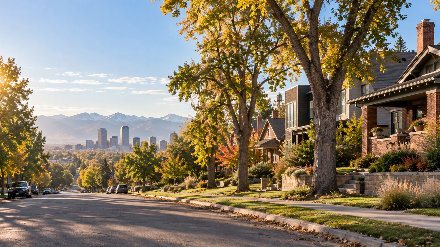 Illustrative Denver residential neighborhood with the skyline and Front Range beyond